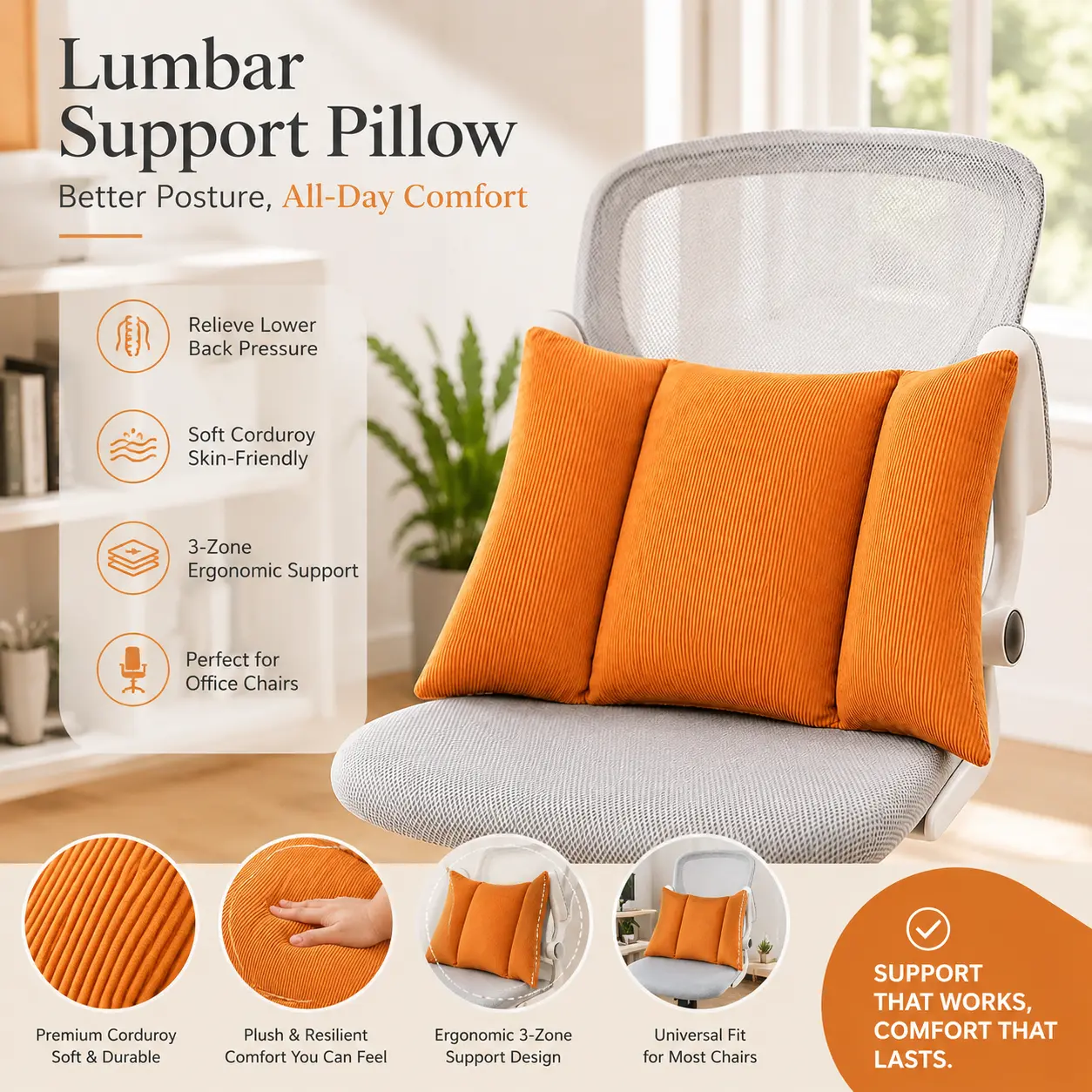 Corduroy Lumbar Waist Support Pillow - 26.8x15.7in Bolster Cushion, Supportive Bolster for Home & Office Sofa & Chair, Cozy Decorative Throw Pillow