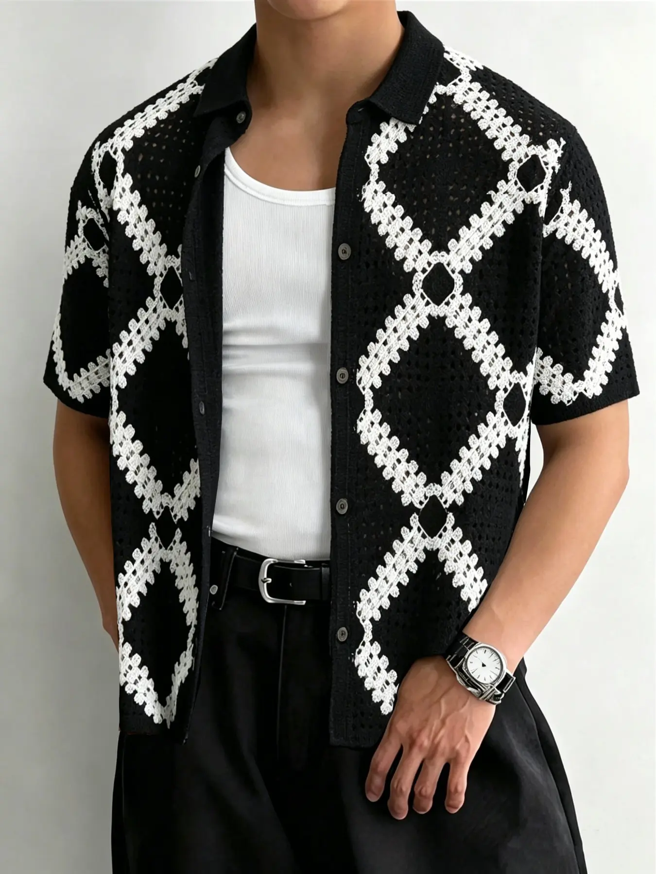 Knitted Crochet Open Front Shirt, Knit Design, Casual Street Style, Soft Comfortable Fabric, Versatile for Home & Travel, Men's Leisurewear Top, Menswear, Knitwear, Relaxed Fit, Oversized