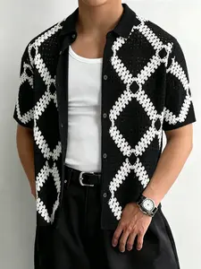 Knitted Crochet Open Front Shirt, Casual Street Style, Relaxed Fit, Soft Comfortable Fabric, Versatile for Home & Travel, Men's Leisurewear Top
