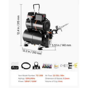 VEVOR Airbrush Kit, 1/6 HP, Air Brush Kit with Air Compressor and Tank, 1 Dual-Action Professional Airbrush with 1 Tip, Hose, Acrylic Paint, 2 Fans, for Cake Decorating, Model Painting, Nail Art