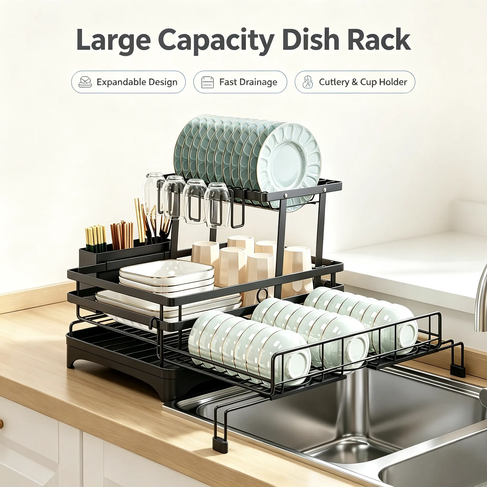 Double-layer expandable dish drying rack, multifunctional kitchen storage rack with automatic water drainage design, suitable for countertops/sinks, ideal for small apartments and families.