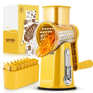 SUSTEAS Yellow Rotary Cheese Grater - Food Chopper with 5 Well-Designed Blades and Powerful Suction Cup Base, Comes with 1 Blade Storage Box Kitchen Utensils Vegetable Cutting Slicer