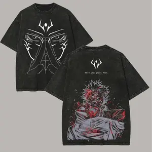 Dark Aesthetic Jujutsu Kaisen Sukuna Graphic T-Shirt, Vintage Washed Distressed Oversized Anime Tee, Trendy Japanese Manga Streetwear For Men, Epic Battle Art Top