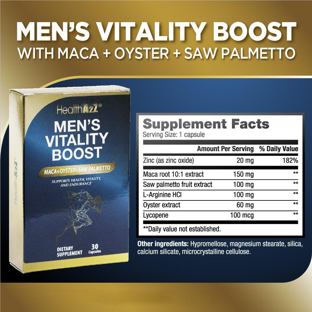 HealthA2Z Men's Vitality Boost - 30 Capsules (Pack of 1) - Maca, Oyster, Saw Palmetto for Prostate Health Support, Testosterone Support, Energy, Muscle, DHT Balance, Healthy Hair