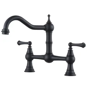 WOWOW Decorative Double Handle High Arc Kitchen Faucet - Deck Mount 2-3 Hole Antique Brass 8-in Centerset Sink Tap, 360° Rotatable Swivel Spout, Farmhouse Vintage Design with Precise Control, Double Handle Faucet