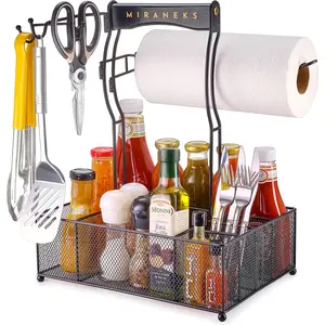 Condiment, Utensil Grill Caddy with Paper Towel Holder; Multi-Compartment for Spices, Sauce, Plates; Picnic, BBQ Caddy, Grill Mat, Barbecue Set, Griddle accessory