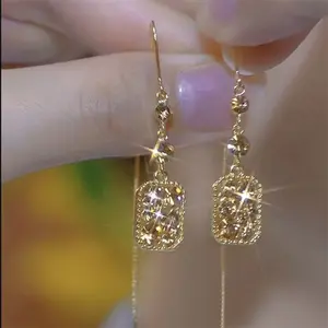 Shiny Champagne Gold Square Full Drill Tassel Earrings, DDES0112 Simple and Versatile Yadan Gold Square Pendant Earrings, Slimming Long Earrings 14K Gold-Plated