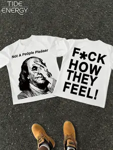 Men's Oversized Benjamin Franklin Slogan T-Shirt, Street Style Streetwear Casual Graphic Print Short Sleeve, 'don't Be Nice' Print, Summer