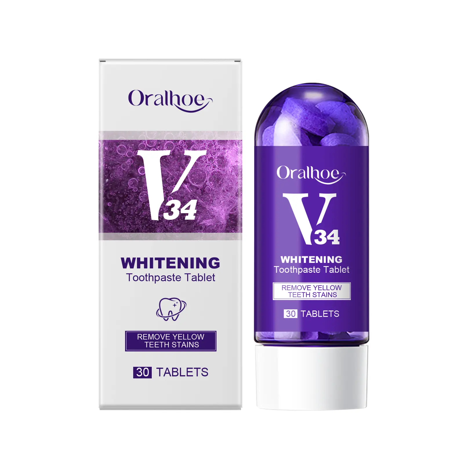30 Count V34 Color Corrector Toothpaste Tablets, Portable Dissolvable Chewable Tabs for Daily Mouth Care
