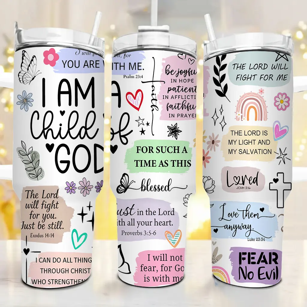 Christian Tumbler with Straw - 40oz Insulated Travel Mug with Handle - Bible Verse Gifts for Women & Girls - I Am a Child of God, Faith-Based Inspirational Religious Gift, Encouragement Scripture Gift for Birthday, Mother's Day, or Devotional