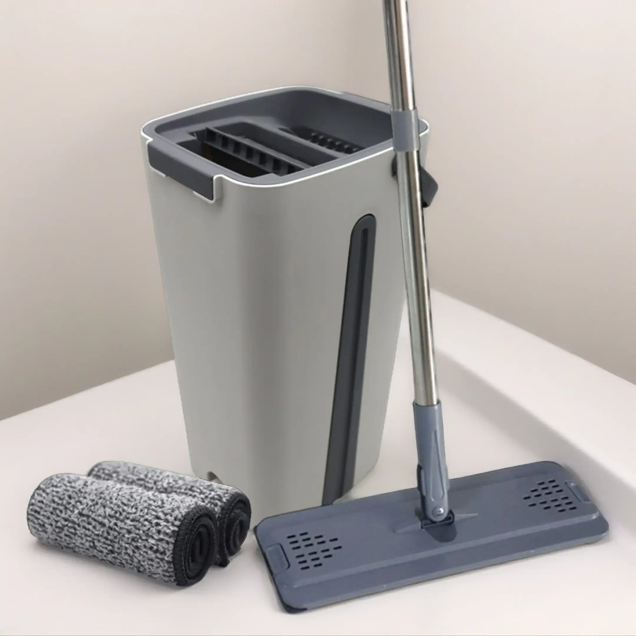 2-Tone Gray Self-Wringing Flat Mop & Bucket Set, Lightweight Hands-Free Squeeze Floor Mop, Space-Saving Cleaning Tool for Bathroom, Kitchen