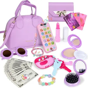 KF5-CPB15  Purple Play Purse for Little Girls Ages 3-6, My First Purse Toy with Handbag, Makeup Set, Sunglasses, Smartphone, Wallet, Car Keys, Credit Cards and Fake Money