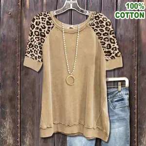 Cherrybetty Cotton Vintage Leopard Print Short Sleeve Top in for Women's Fashionable Casual Wear Womenswear Chic streetwear outfits country concert outfits western women vintage tees casual Elastic Shirts for Teachers and Moms