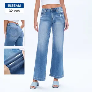 High Rise Wide Leg Denim Jeans - Mid-Rise Stretch Denim with Classic Five Pockets & Distressed Edges Cotton Blend Polyester Spandex Womenswear Bottom Fits Style Trouser Pants Streetwear Monkey Basic