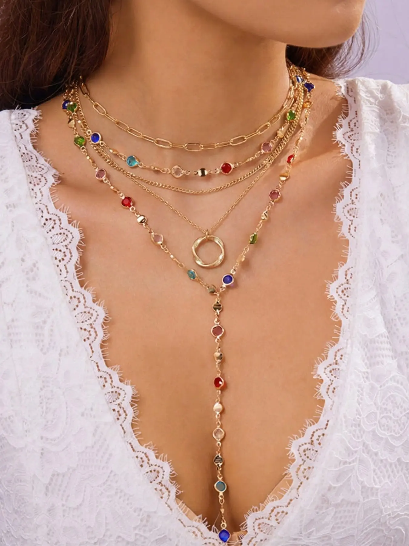 2 Piece Set Colorful Y-Shape Necklace Layered Stack Simple Exaggerated Streetwear Old Money Metal Style Thick Chain Hollow Round Pendant Alloy Beaded Necklace