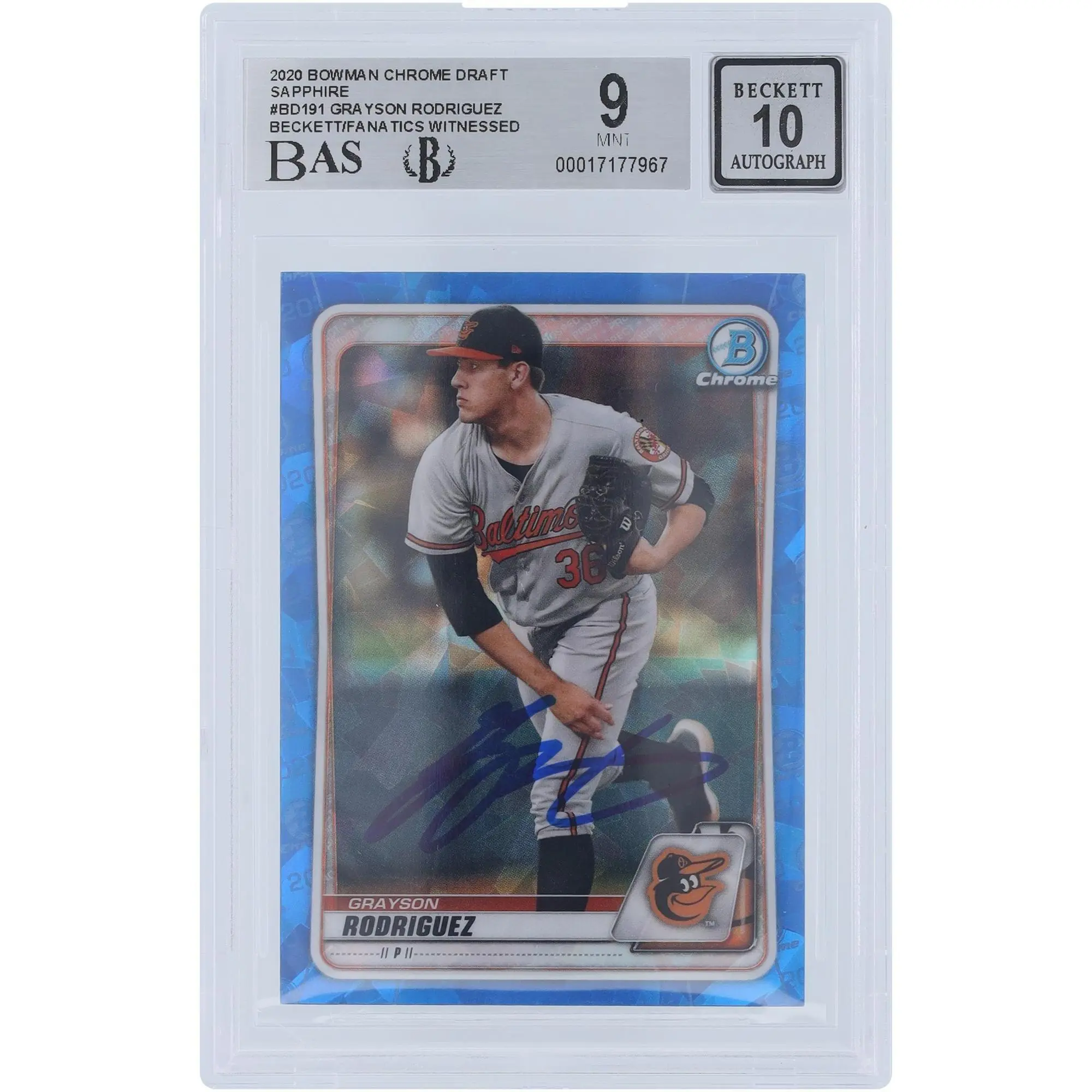 Grayson Rodriguez Baltimore Orioles Autographed 2020 Bowman Chrome Draft Sapphire #BD-191 Beckett Fanatics Witnessed Authenticated 9/10 Card - Fanatics Authentic Certified