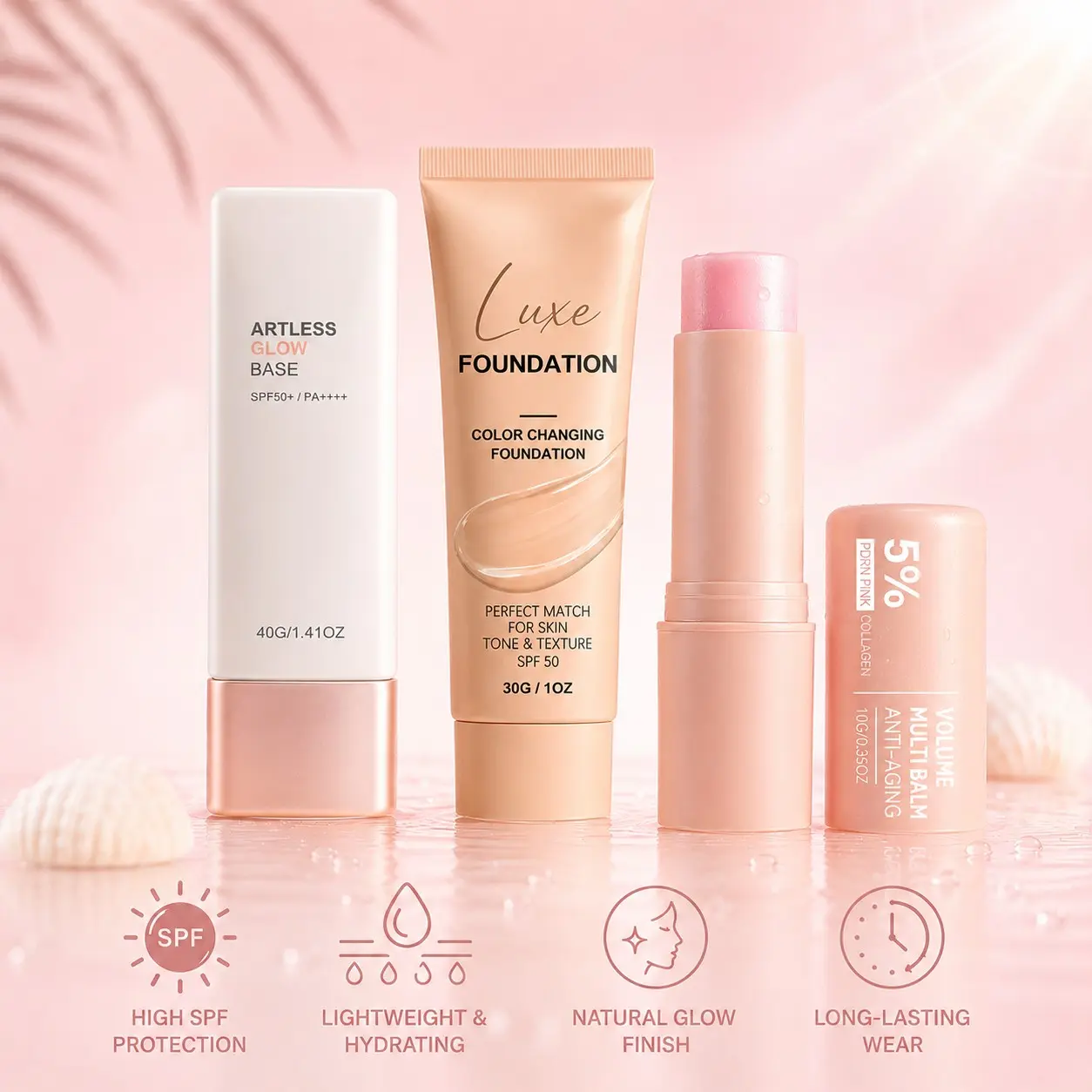 All-Day Sun Safe Sunscreen Makeup Trio Spf50+, Brightening Primer, Color Match Foundation, Hydrating Multi Balm, Lightweight, Long Lasting, Summer Beauty Set