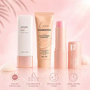 All-Day Sun Safe Makeup Trio Spf50+, Brightening Primer, Color Match Foundation, Hydrating Multi Balm, Lightweight, Long Lasting, Summer Beauty Set