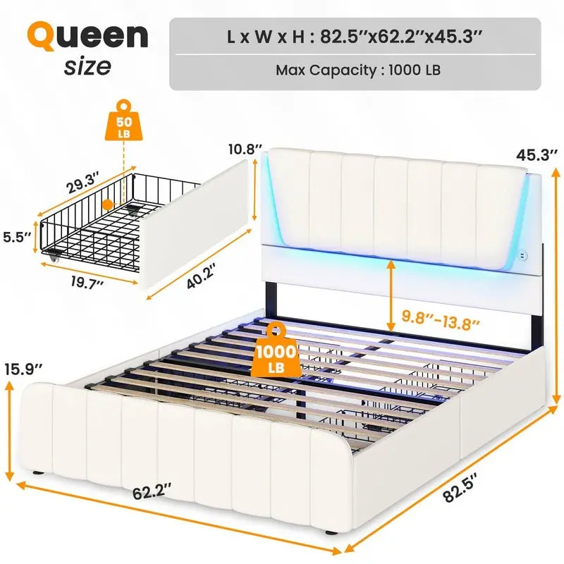 Queen Bed with 4 Drawers - White