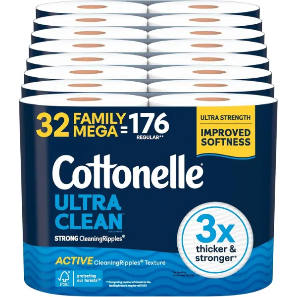 Cottonelle Ultra Clean Toilet Paper, 32 Family Mega Rolls (Equals 176 Regular Rolls), Ultra Strength, Improved Softness, 3x Thicker & Stronger