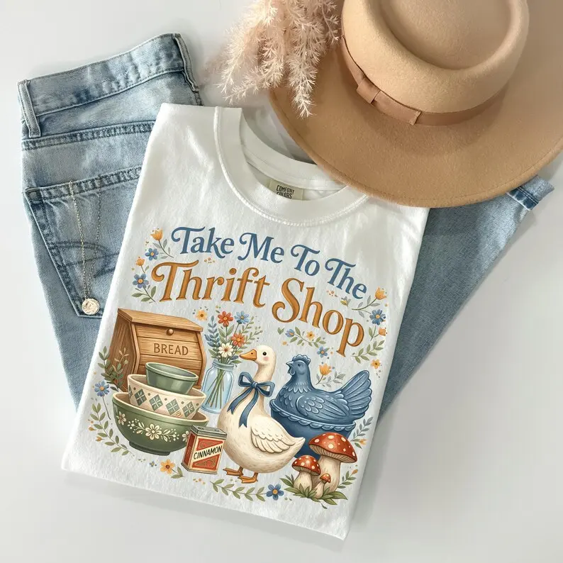 Comfort Colors Take Me To The Thrift Shop T-Shirt, Thrifting Tshirt, Retro Graphic Tee, Funny Thrift Lover Gift, Cute Chicken Thrifter Outfit