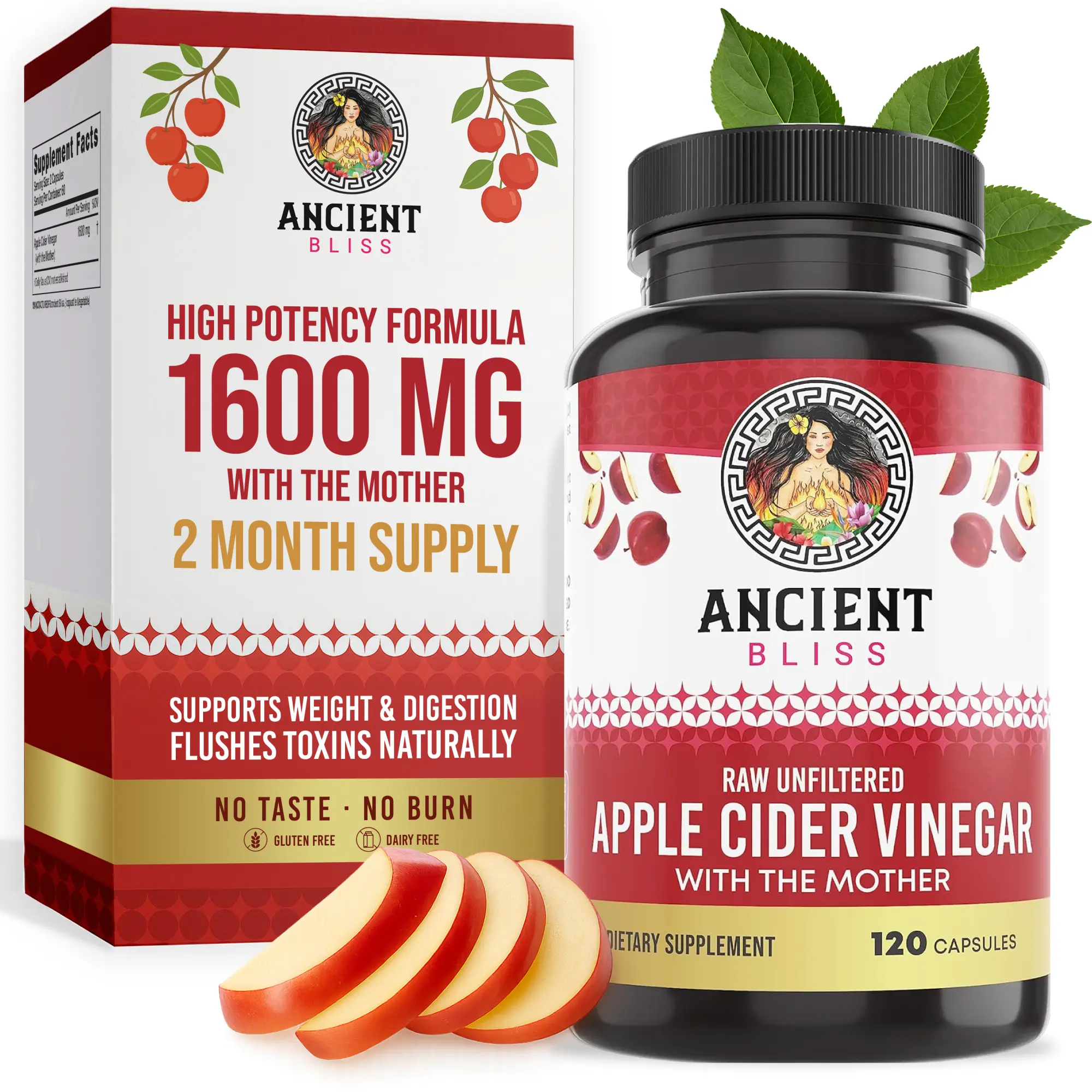 Ancient Bliss Raw Unfiltered Apple Cider Vinegar with The Mother 1600MG 120 Capsules for Digestion Support Natural Supplement Dietary