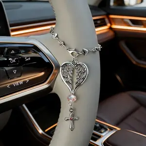 Car Rearview Mirror Hanging Decor, Fashion Crystal Bead Cross Star Heart Pendant, Women Teen Interior Decoration Accessories, 2 Pieces
