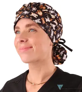 Stylish American Made Banded Bouffant Ponytail Scrub Cap - Puppy Parade with Black Ties