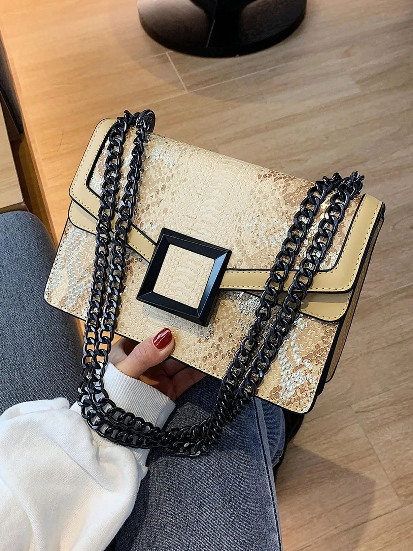 Women's Summer Fashionable Sling Purse Bag, Vintage Snakeskin Print Design Crossbody Bag, Fashion Chain Strap Square Bag, Trendy All-match Shoulder Ba