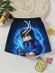 Boys Blue Bottom 3D Printed Fun Minecraft Style Shorts Trunks, Summer Beach Casual Wear, Kids Quick Dry Breathable Set, Birthday Gift