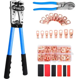 HKS Battery Cable Lug Crimping Tool 10-1 AWG with, 60Pcs Copper Ring Terminals & 60Pcs 3:1 Heat Shrink Tubing, Wire Crimper Set for Battery Cables
