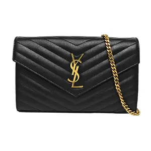 Pre-owned Yves Saint Laurent leather Shoulder Bags SAINT LAURENT Cassandre Envelope Chain Wallet in Black Grained with Gold Tone Hardware