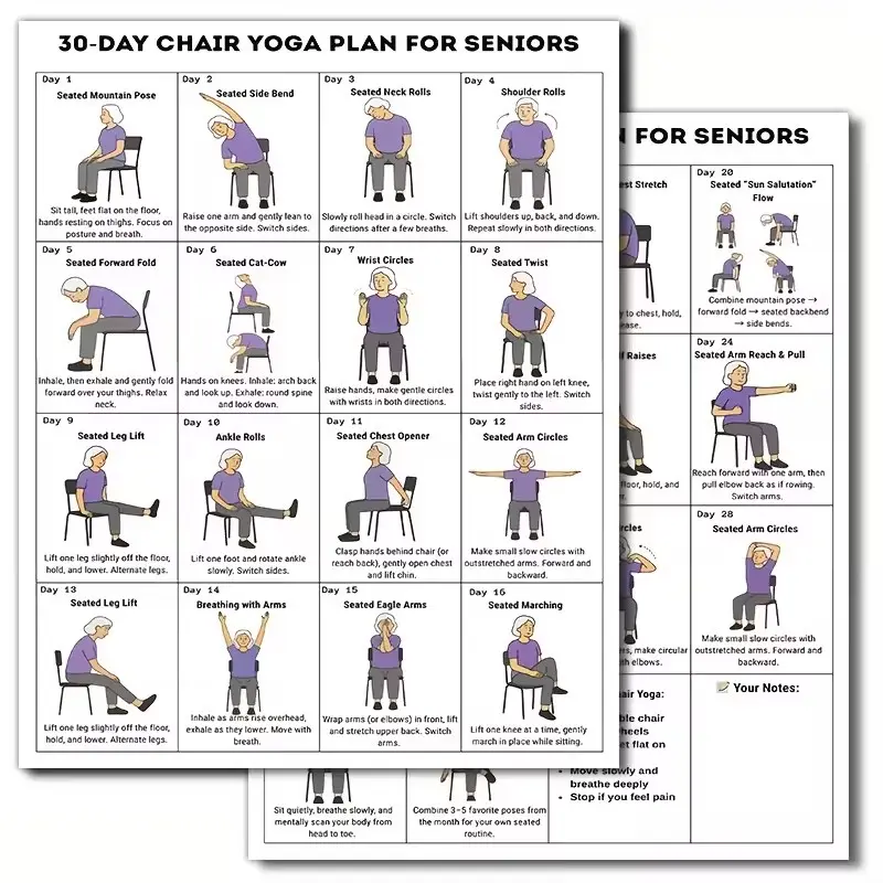30-Day Chair Yoga Posters for Seniors, Illustrated Seating Exercise Charts, Gentle Stretching and Flexibility, Home Gym Fitness Guide, 2 Pack, 8x10 Inches Unframed, Sturdy Paper