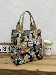 Cartoon Cat Pattern Lunch Bag, Canvas Handbag, Portable Insulated Lunch Bag, Lunch Box Bag for Work, School, Travel, Picnic, Lunch Bag Tote Bag