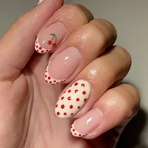 24pcs Short Oval Polka Dot French Cherry Nails, Acrylic Press-On Nail Set, Includes Jelly Glue and File, Easy Wear, Perfect for Parties, Nail Art Design, Nail Extension Set, Nail Art Supplies
