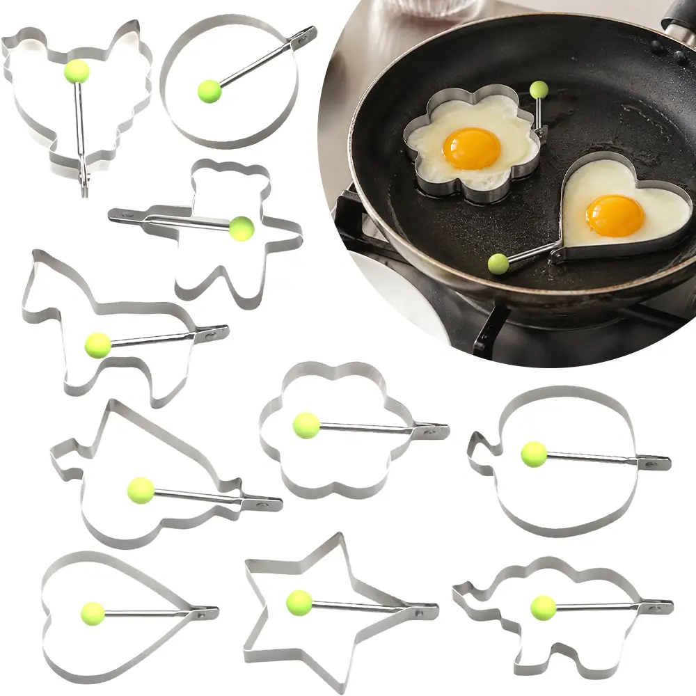 10 pcs stainless steel non stick omelet set, with handle, reusable omelet mold, suitable for omelet, pancake, Rice and vegetable roll, family breakfast cooking, birthday party