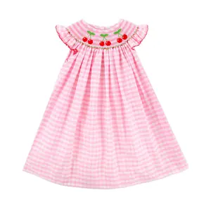 Cherry Smocked Pink Gingham Angel Sleeve Dress
