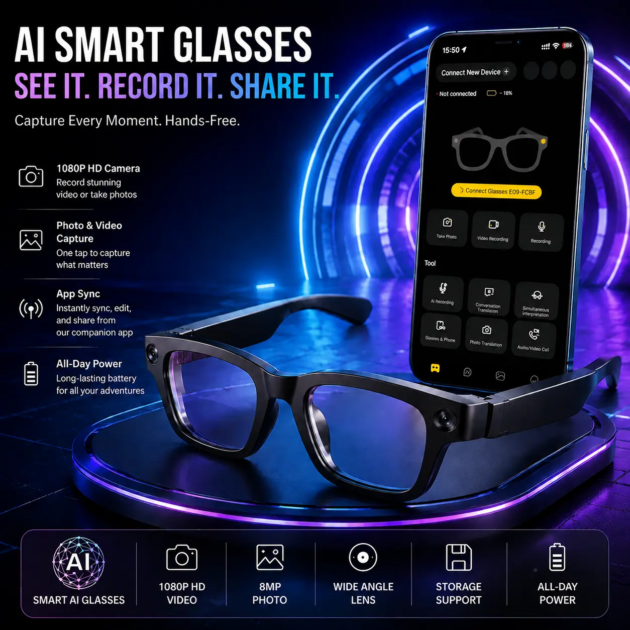 AI Camera Sunglasses: HD video recording sunglasses featuring Bluetooth audio, voice assistant, hands-free photo capture, and a wide-angle lens. These smart wearable sunglasses are ideal for everyday vlogging, sports,  smartglasses click Multifunctional