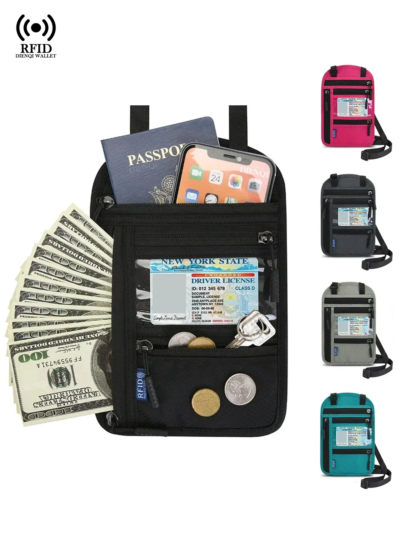RFID Blocking Travel Passport Wallet | Multi-Pocket Neck Pouch Organizer | Secure Document ID Credit Card Holder for Family International Travel Airport Trips