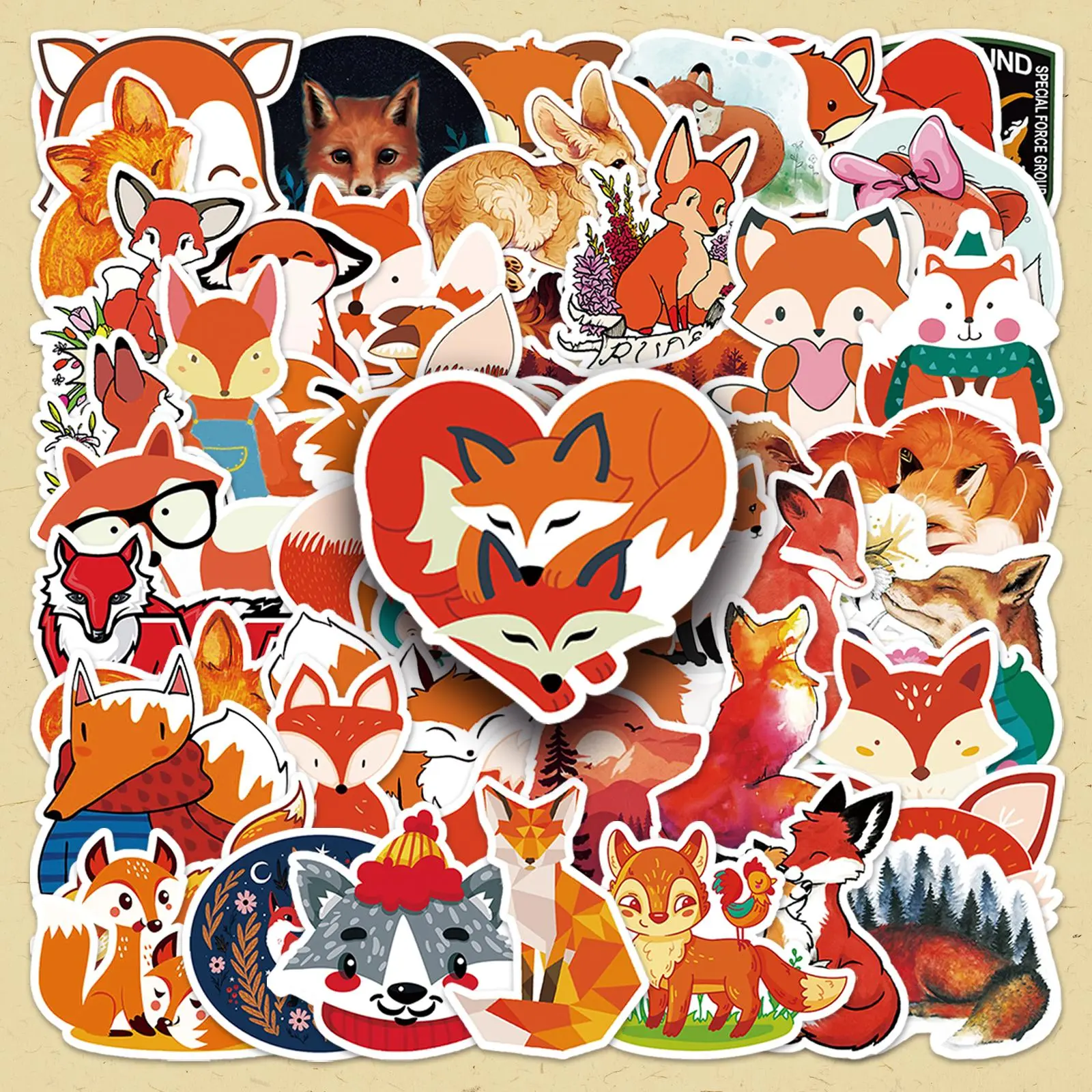Fox Pattern Self Adhesive Sticker, 50pcs/set Cute Cartoon Animal Decorative Stickers, DIY Decals for Scrapbooking, Journaling, Gift Wrapping, Sticker Packs
