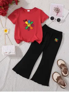 Summer Girls' 2-Piece Set, Rainbow Smile Flower Print Tee + Bell Pants, Cute Loose-Fitting for School, Park, Weekend Activities