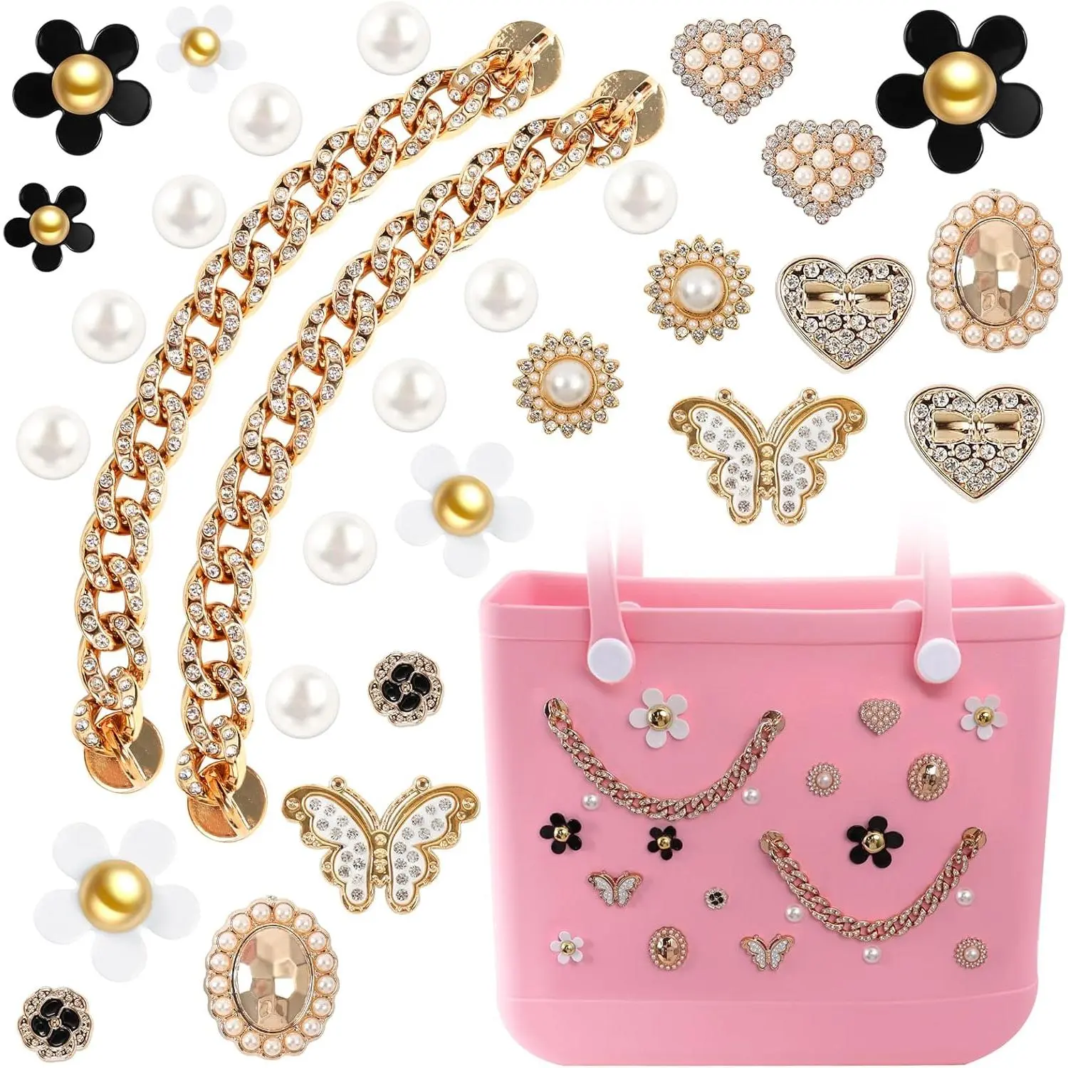 30 PCS Bag Charm Set - Cute Girly Sparkly Accessory with Pearls, Flowers, Butterflies, Bling Chains for Bogg Bag, Simply Southern Beach Tote Insert, Purses, Charms For Purses