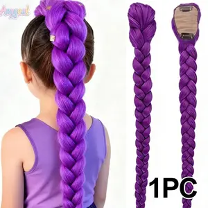 Anygoal Women's 26-Inch Purple Long Braided Ponytail Extension, Yaki Straight Heat-Resistant Puff Hair Accessory, Sports Headband for Cosplay, Halloween Styling Summervibes (Braided Ponytails)