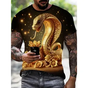 [3D Golden Snake Print Tee] Black Men's 3D Golden Snake Print T-Shirt |   Casual Short Sleeve Tee with Intricate Design, for Outdoor Activities, Vacation, and Casual Attire, All-Season Comfort, Great Gift for Back to School or Halloween