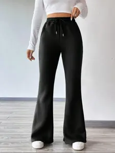 Women's Solid Drawstring Waist Flare Leg Pants, Casual Pocket Design Bell Bottom Trousers for Fall & Winter, Women's Bottoms for Daily Wear, Casual Lounge Pant