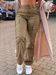 Women's High-Waisted Cargo Pants, Casual Solid Color Polyester 100% Woven Fabric, All-Season Loose Fit Retro Street Style with Functional Pockets Bottoms Womenswear