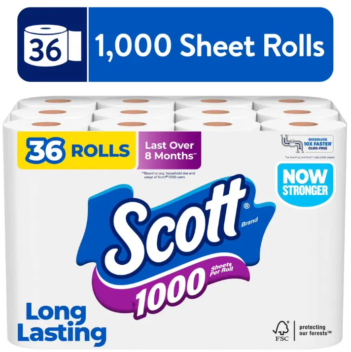 Scott 1000 Toilet Paper 36 Rolls 1000 Sheets Per Roll Septic Safe Bath Tissue Long Lasting Bathroom Tissue Bulk Toilet Paper Soft Strong Toilet Paper for Home Office RV Bathroom Essential