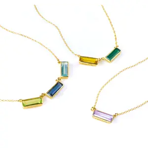 Mother's Engraved Birthstone Connector Necklace, Adira Bar Baguette Necklace, Sterling Silver or Gold, Personalized Mom Necklace with Kids Birthstones