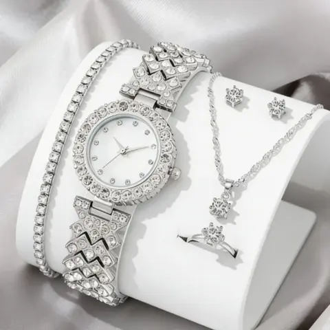 Women's Elegant Rhinestone Decor Watch & Matching Jewelry Set, Fashionable Jewelry Set, Round Dial Analog Quartz Watch & Bracelet & Pendant Necklace & Ring & Stud Earrings, Fashion Watch Set for Women As Gift, Accessories Set