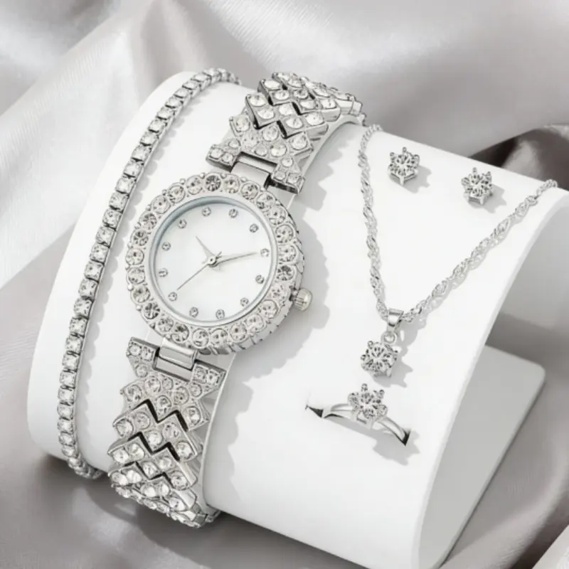 Women's Elegant Rhinestone Decor Watch & Matching Jewelry Set, Fashionable Jewelry Set, Round Dial Analog Quartz Watch & Bracelet & Pendant Necklace & Ring & Stud Earrings, Fashion Watch Set for Women As Gift, Accessories Set